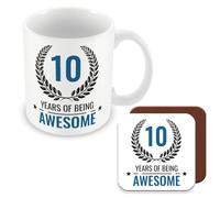 MUGGZ 10th Birthday Gift - Mug & Coaster - 10 Years of Being Awesome - Giftset - Made in The UK