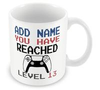 MUGGZ -13th Birthday Personalised Gamer Mug (11oz) PS5 Style - You Have Reached Level Custom LevelUp Mug Gift for Boy/Girl - Add Any Name - Novelty Video Game Controller Design Gifts for Him or Her