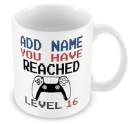 MUGGZ -16th Birthday Personalised Gamer Mug (11oz) PS5 Style - You Have Reached Level Custom LevelUp Mug Gift for Boy/Girl - Add Any Name - Novelty Video Game Controller Design Gifts for Him or Her