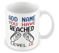 MUGGZ -16th Birthday Personalised Gamer Mug (11oz) Switch Style - You Have Reached Level Custom LevelUp Mug Gift for Boy/Girl - Any Name - Novelty Video Game Controller Design Gifts for Him or Her