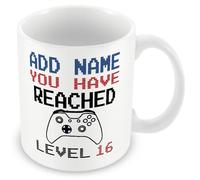 MUGGZ -16th Birthday Personalised Gamer Mug (11oz) Xbox Style - You Have Reached Level Custom LevelUp Mug Gift for Boy/Girl - Add Any Name - Novelty Video Game Controller Design Gifts for Him or Her