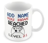 MUGGZ -21st Birthday Personalised Gamer Mug (11oz) Xbox Style - You Have Reached Level Custom LevelUp Mug Gift for Men/Women- Add Any Name - Novelty Video Game Controller Design Gifts for Him or Her