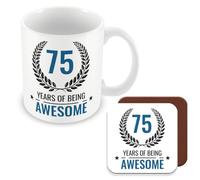 MUGGZ 75th Birthday Gift - Mug & Coaster - 75 Years of Being Awesome - Giftset - Made in The UK