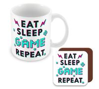 MUGGZ Eat Sleep Game Repeat Mug & Coaster -Gamer Gift - Giftset - Made in The UK