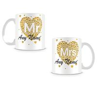 MUGGZ Mr and Mrs - His and Hers Personalised Mugs/Cups - Customise with Any Name - Gold Love Hearts - Custom Funny Coffee Mug - Unique Gift for Friends & Family