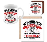 MUGGZ Mug, Card & Coaster Gift for Fisherman/Fishing Enthusiasts - Men and Fishing are A Like They Both Get Into Trouble When They Open Their Mouths - Giftset - Made in The UK