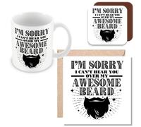 MUGGZ Mug, Card & Coaster Gift for Man with Beard - I'm Sorry I Can't Hear You Over My Awesome Beard - Giftset - Made in The UK