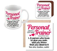 MUGGZ Mug, Card & Coaster Gift for Personal Trainer - Personal Trainer 1 A Person Who Loves to Give You Pain and You Know That You Deserve It See Also: Badass, Sadist. - Giftset - Made in The UK