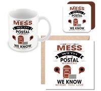 MUGGZ Mug, Card & Coaster Gift for Postman/Postal Worker - Don't Mess We Know Where You Live for Post Man - Giftset - Made in The UK
