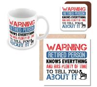 MUGGZ Mug, Card & Coaster Gift for Retirement - Warning Retired Person Knows Everything and Has Plenty of Time to Tell You About It - Giftset - Made in The UK