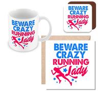 MUGGZ Mug, Card & Coaster Gift for Runner/Running Enthusiast - Beware Crazy Running Lady - Giftset - Made in The UK