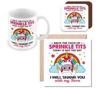 MUGGZ Mug, Card & Coaster Gift for Unicorns- Back The F@ck Up Sprinkle Tits Today is Not The Day I Will Shank You with My Horn - Giftset - Made in The UK