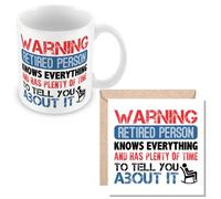 MUGGZ Mug & Card Gift for Retirement - Warning Retired Person Knows Everything and Has Plenty of Time to Tell You About It - Giftset - Made in The UK