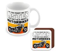 MUGGZ Mug & Coaster Gift for Biker/Motorbike Rider- If You Want Me to Listen Talk About Motorbikes - Giftset - Made in The UK