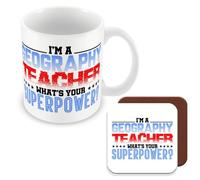 MUGGZ Mug & Coaster Gift for Geography Teacher/Student - I'm A Geography Teacher What's Your Superpower? - Giftset - Made in The UK