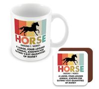 MUGGZ Mug & Coaster Gift for Horse Riders/Equestrians - Horse (Noun) A Large, Four - Legged Animal, Known for Eating Vast Quantities of Money. - Giftset - Made in The UK