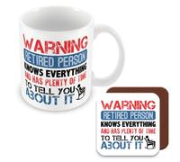 MUGGZ Mug & Coaster Gift for Retirement - Warning Retired Person Knows Everything and Has Plenty of Time to Tell You About It - Giftset - Made in The UK