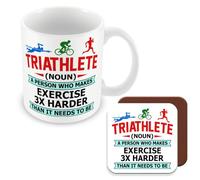 MUGGZ Mug & Coaster Gift for Triathlon Triathlete (Noun) A Person Who Makes Exercise 3 x Harder Than It Needs to Be - Giftset - Made in The UK