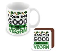 MUGGZ Mug & Coaster/Gift for Vegans/Vegetarians - I Look This Good Because I'm Vegan - Giftset - Made in The UK