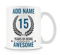 MUGGZ Personalised 15th Birthday Mug for Boys - Add Name - “15 Years of Being Awesome” - Blue Design - Teen Boy Birthday Gift - Dishwasher & Microwave Safe Ceramic Mug 11oz