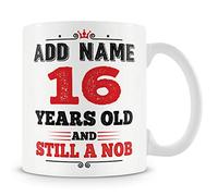 MUGGZ Personalised 16th Birthday Mug - Rude Funny Custom Name Coffee Cup - 16 Years Old and Still a Nob - Bold Black & Red Design - 11oz Ceramic