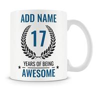 MUGGZ Personalised 17th Birthday Mug for Boys - Add Name - “17 Years of Being Awesome” - Blue Design - Teen Boy Birthday Gift - Dishwasher & Microwave Safe Ceramic Mug 11oz