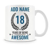 MUGGZ Personalised 18th Birthday Mug for Young Men - Add Name - “18 Years of Being Awesome” - Blue Design - Adult Birthday Gift - Dishwasher & Microwave Safe Ceramic Mug 11oz