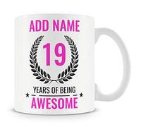 MUGGZ Personalised 19th Birthday Mug for Young Women - Add Name - “19 Years of Being Awesome” - Pink Design - Birthday Gift - Dishwasher & Microwave Safe Ceramic Mug 11oz
