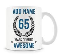 MUGGZ Personalised 65th Birthday Mug for Men - Add Name - “65 Years of Being Awesome” - Blue Design - Ceramic 11oz Mug