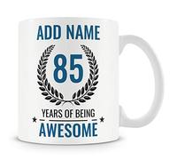 MUGGZ Personalised 85th Birthday Mug for Men - Add Name - “85 Years of Being Awesome” - Blue Design - Ceramic 11oz Mug