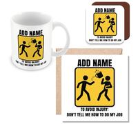 MUGGZ Personalised Ceramic Mug (11oz), Card & Coaster - to Avoid Injury Don't Tell Me How to Do My Job Mug 3-Pack Giftset - Flying Coffee Cup - Funny Gift for Women or Men Colleagues