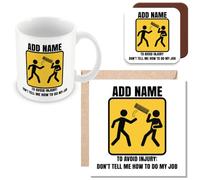 MUGGZ Personalised Ceramic Mug (11oz), Card & Coaster - to Avoid Injury Don't Tell Me How to Do My Job Mug 3-Pack Giftset - Flying Keyboard - Funny Gift for Women or Men Colleagues