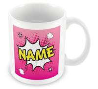 MUGGZ Personalised Custom Name Mug Gift - Pink Comic-Style Ceramic Coffee Cup, Dual-Sided Print, Dishwasher Safe, Unique Present for Birthdays, Teachers, Friends, Office, Secret Santa, Christmas