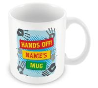 MUGGZ Personalised “Hands Off!” Name Mug - Blue Handprint Design - Add Name - Funny Ceramic Mug 11oz - Custom Gift for Him or Her - Dishwasher & Microwave Safe UK