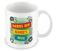 MUGGZ Personalised “Hands Off!” Name Mug - Green Handprint Design - Add Name - Funny Ceramic Mug 11oz - Custom Gift for Him or Her - Dishwasher & Microwave Safe UK