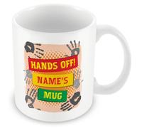 MUGGZ Personalised “Hands Off!” Name Mug - Orange Handprint Design - Add Name - Funny Ceramic Mug 11oz - Custom Gift for Him or Her - Dishwasher & Microwave Safe UK