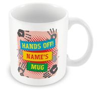 MUGGZ Personalised “Hands Off!” Name Mug - Red Handprint Design - Add Name - Funny Ceramic Mug 11oz - Custom Gift for Him or Her - Dishwasher & Microwave Safe UK