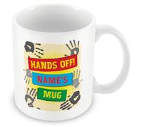 MUGGZ Personalised “Hands Off!” Name Mug - Yellow Handprint Design - Add Name - Funny Ceramic Mug 11oz - Custom Gift for Him or Her - Dishwasher & Microwave Safe UK