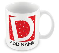 MUGGZ Personalised Initial & Name Mug - Custom Letter & Name Coffee Cup - Red & White Stars Pattern - Unique Custom Monogram Gift for Friends & Family - Birthday, Christmas, Office & Home