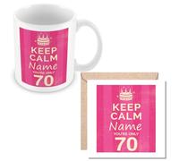 MUGGZ - Personalised - Mug & Card - 70th Birthday Gift for Women - Keep Calm Design - Pink