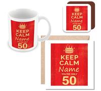 MUGGZ - Personalised - Mug, Card and Coaster - 50th Birthday Gift - Keep Calm Design - Red