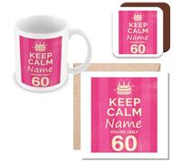 MUGGZ - Personalised - Mug, Card and Coaster - 60th Birthday Gift for Women - Keep Calm Design - Pink