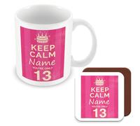 MUGGZ - Personalised - Mug & Coaster - 13th Birthday Gift for Girls - Keep Calm Design - Pink