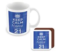 MUGGZ - Personalised - Mug & Coaster - 21st Birthday Gift for Men - Keep Calm Design - Blue