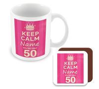 MUGGZ - Personalised - Mug & Coaster - 50th Birthday Gift for Women - Keep Calm Design - Pink
