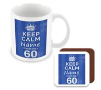 MUGGZ - Personalised - Mug & Coaster - 60th Birthday Gift for Men - Keep Calm Design - Blue