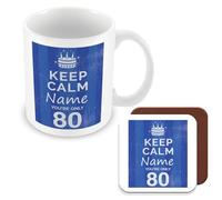 MUGGZ - Personalised - Mug & Coaster - 80th Birthday Gift for Men - Keep Calm Design - Blue