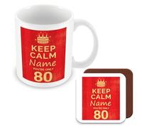 MUGGZ - Personalised - Mug & Coaster - 80th Birthday Gift - Keep Calm Design - Red