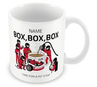 MUGGZ Personalised Pit Stop Tea Mug, Funny Motorsport Gift, Racing Fan Cup, Box Box Box Design, Optional Name, Colour Handle, Coaster, Card, Orange Cyan Blue Red