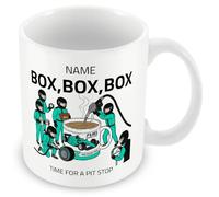 MUGGZ Personalised Pit Stop Tea Mug, Funny Motorsport Gift, Racing Fan Cup, Box Box Box Design, Optional Name, Colour Handle, Coaster, Card, Orange Cyan Blue Red